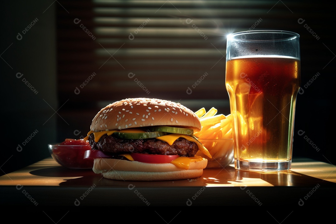 Delicioso Hambúrguer lado de copo de cerveja