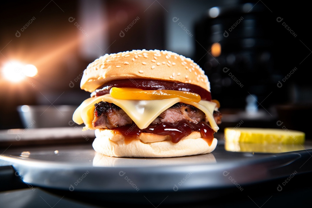 Delicioso Hambúrguer sobre uma mesa de madeira