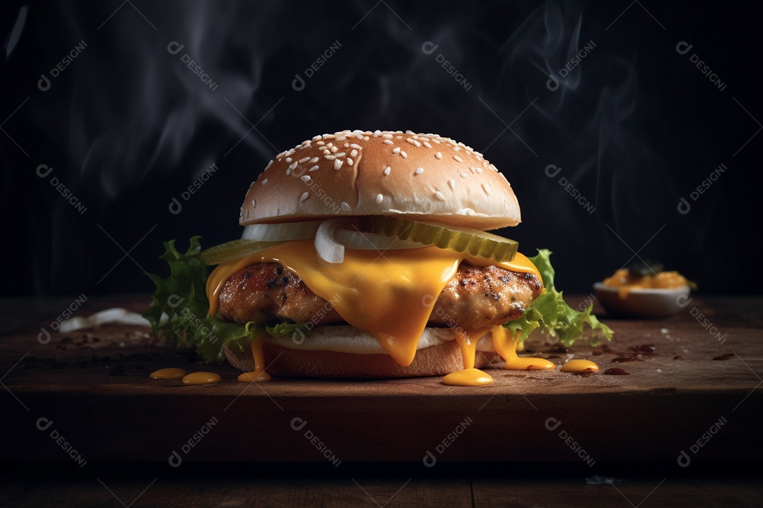 Delicioso Hambúrguer sobre uma mesa de madeira