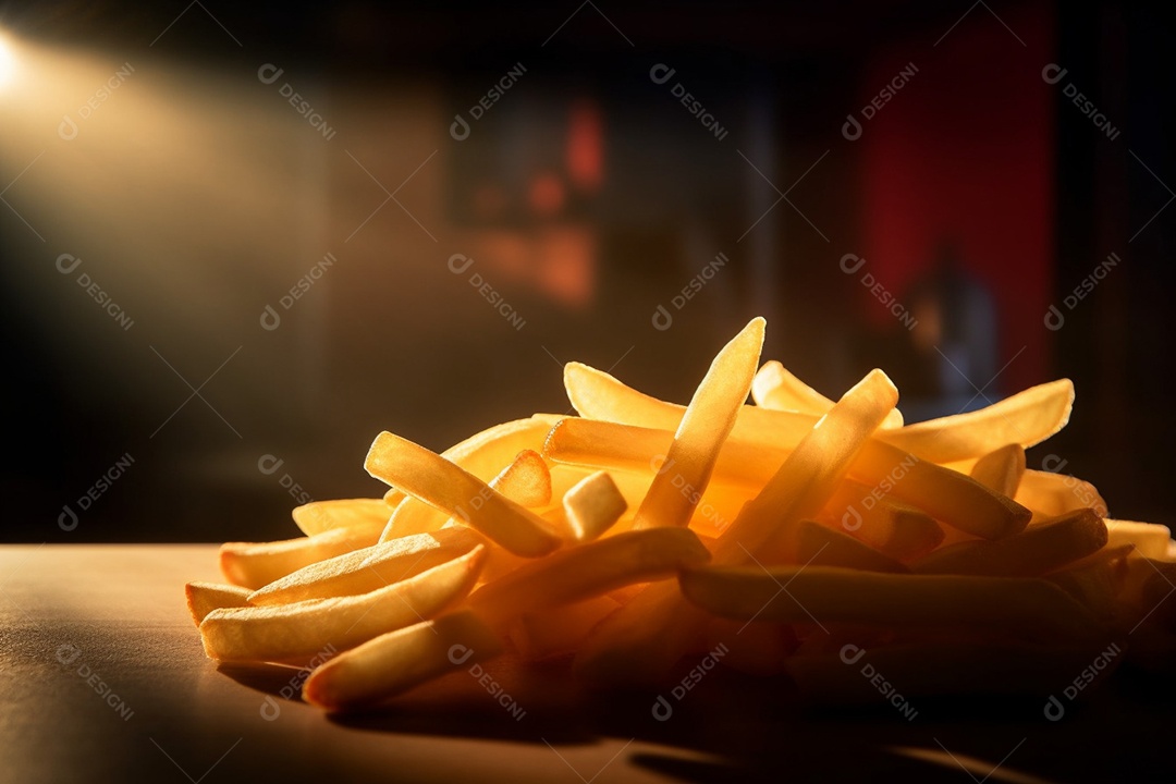 Porção de batata frita com bacon sobre uma mesa de madeira