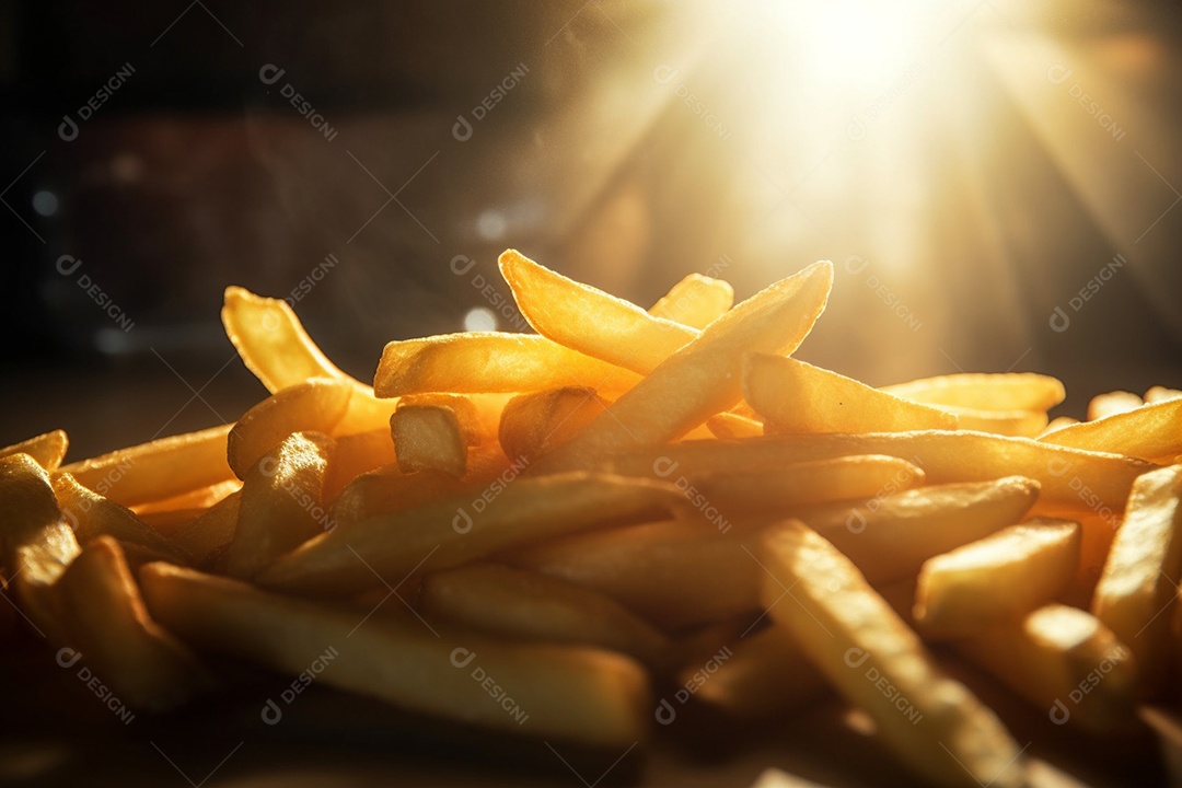 Porção de batata frita com bacon sobre uma mesa de madeira