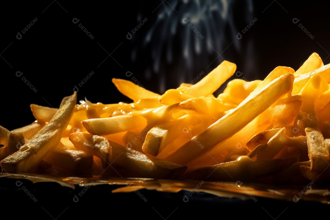 Porção de batata frita com bacon sobre uma mesa de madeira