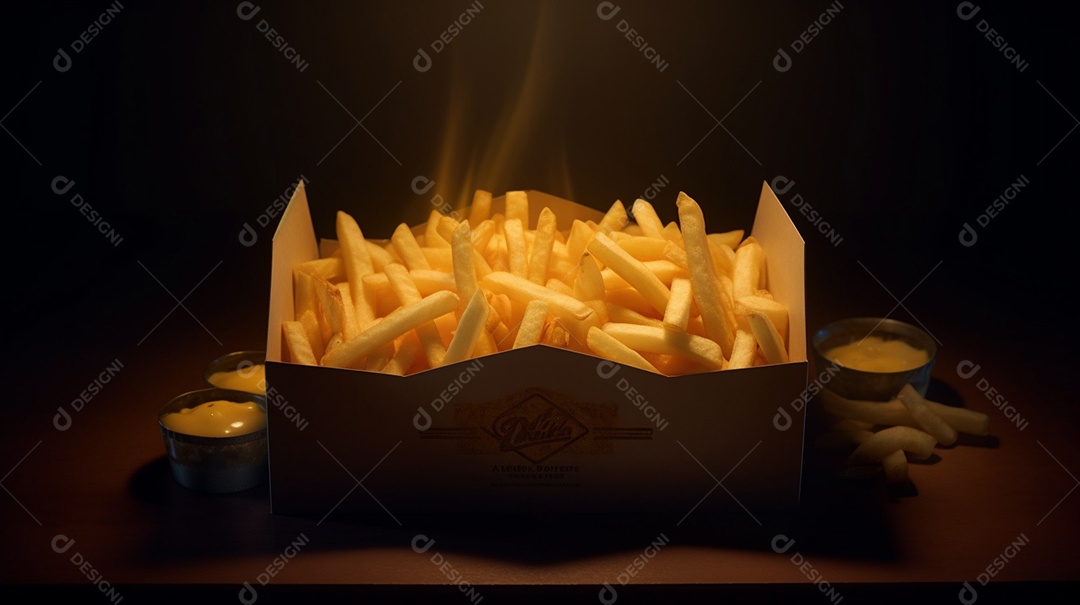 Porção de batata frita com bacon sobre uma mesa de madeira