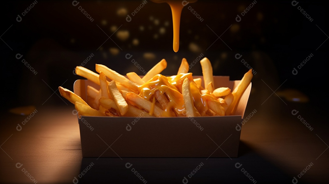 Porção de batata frita com bacon sobre uma mesa de madeira