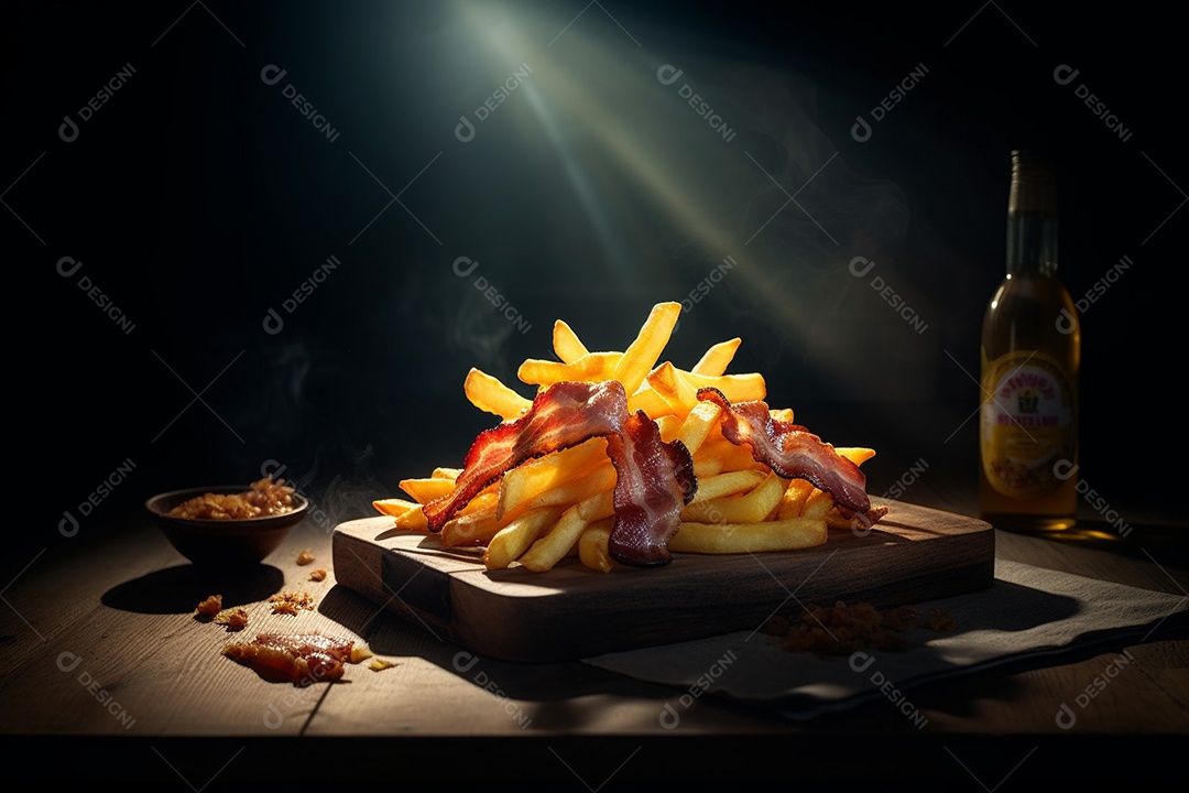 Porção de batata frita com bacon sobre uma mesa de madeira