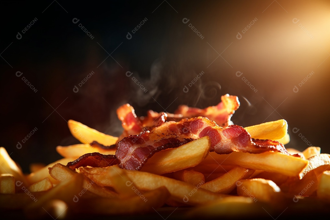 Porção de batata frita com bacon sobre uma mesa de madeira