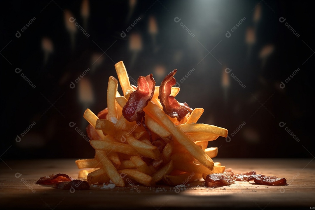 Porção de batata frita com bacon sobre uma mesa de madeira