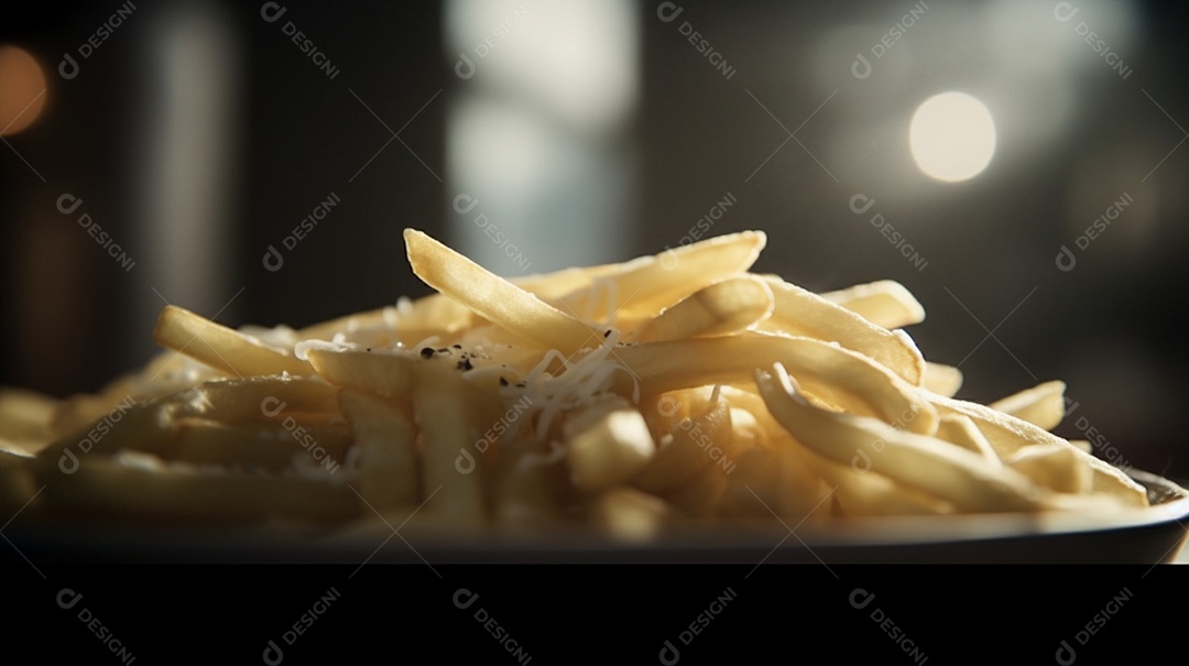 Porção de batata frita com bacon sobre uma mesa de madeira