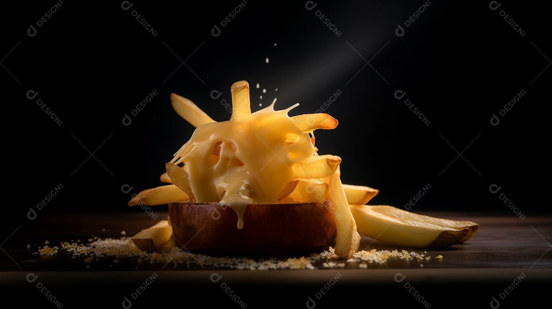 Porção de batata frita com bacon sobre uma mesa de madeira