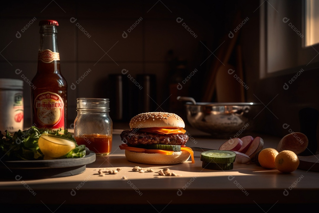 Delicioso Hambúrguer lado de copo de cerveja