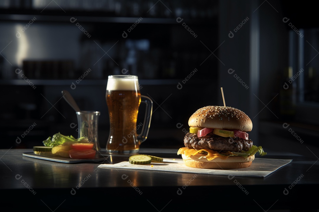 Delicioso Hambúrguer sobre fundo isolado ao lado de copo de cerveja