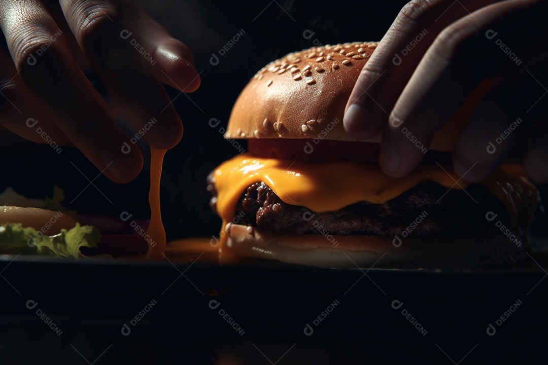 Pessoa segurando Delicioso Hamburguer sobre fundo isolado