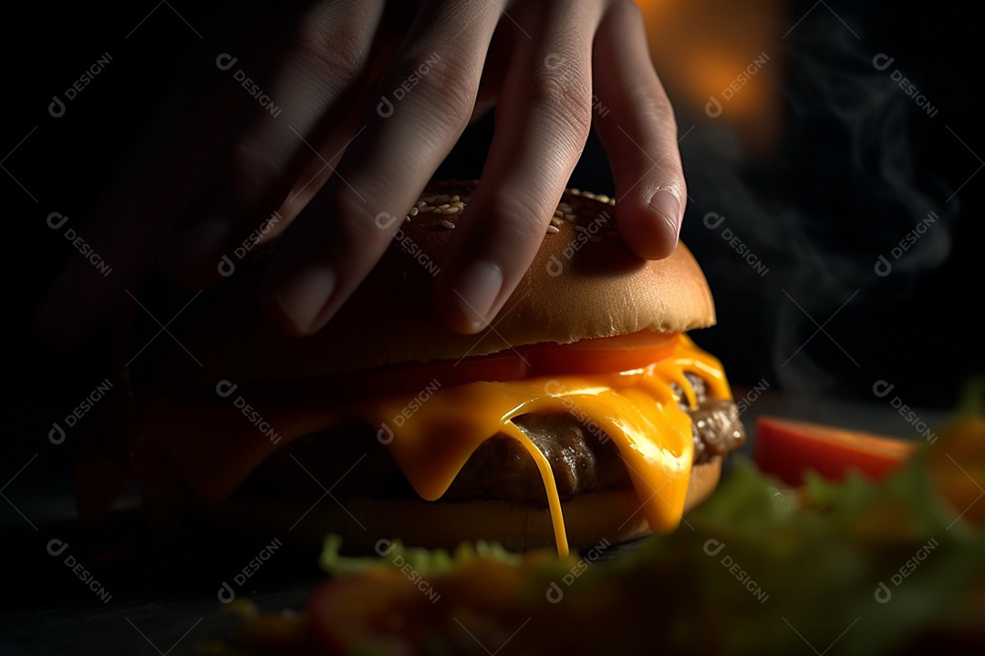 Pessoa segurando Delicioso Hambúrguer sobre fundo isolado