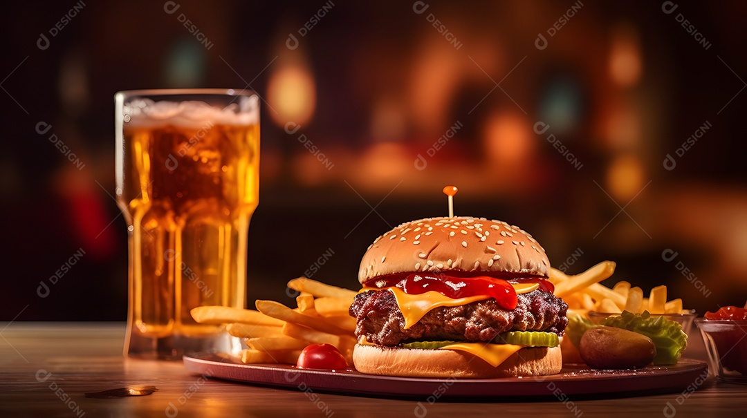 Delicioso Hambúrguer com batata frita ao lado de copo de cerveja gelada