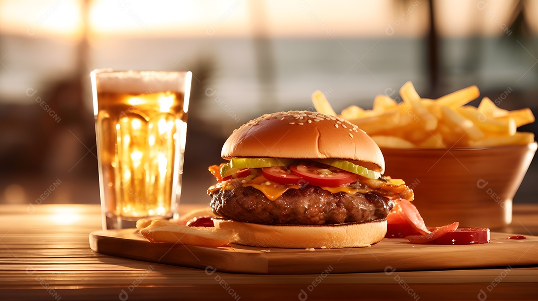 Delicioso Hambúrguer com batata ao lado de copo de cerveja