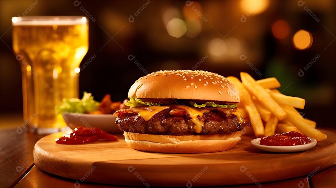 Delicioso Hambúrguer com batata ao lado de copo de cerveja