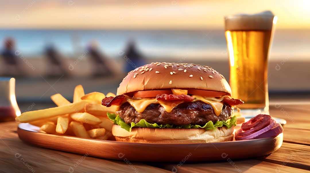 Delicioso Hambúrguer com batata ao lado de copo de cerveja sobre fundo de praia verão