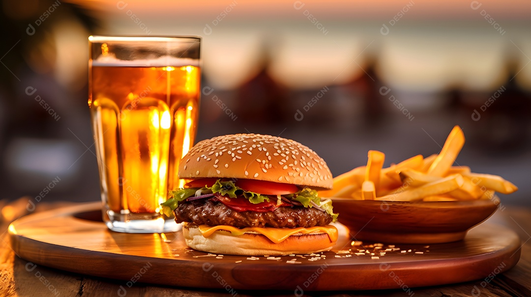 Delicioso Hambúrguer com batata ao lado de copo de cerveja