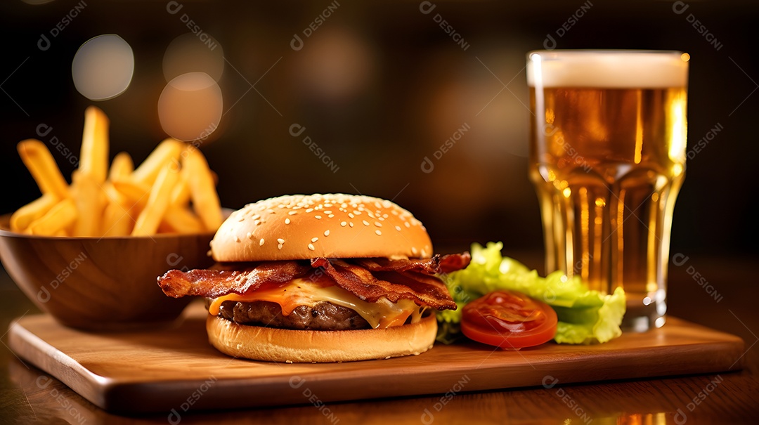 Delicioso Hambúrguer com batata ao lado de copo de cerveja