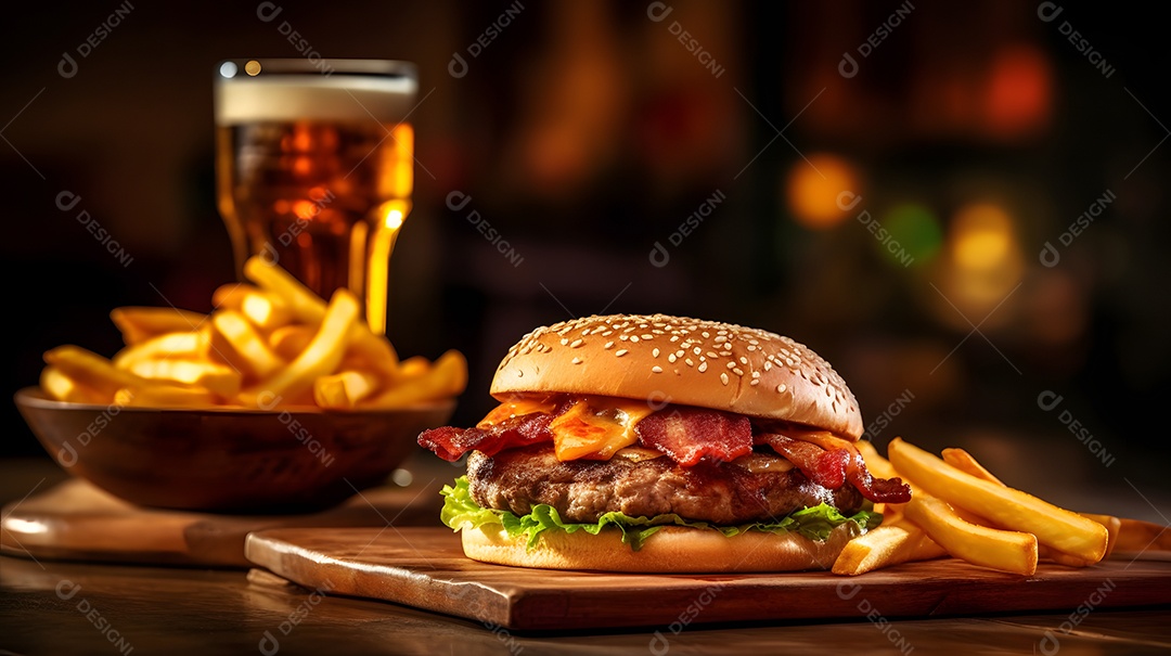 Delicioso Hambúrguer com batata ao lado de copo de cerveja