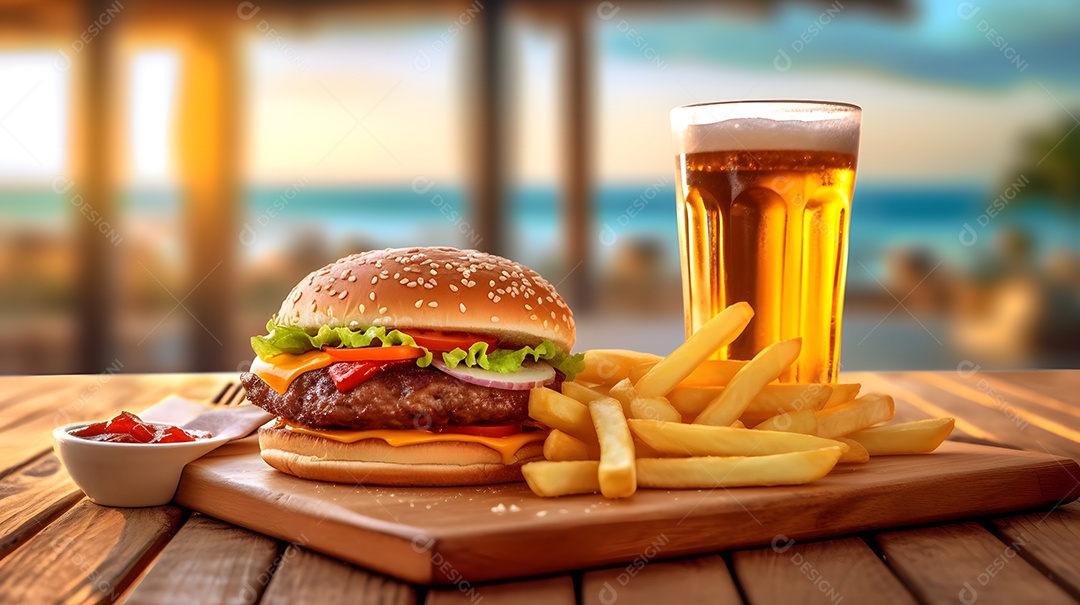 Delicioso Hambúrguer com batata ao lado de copo de cerveja