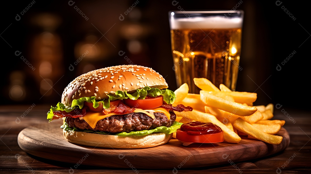 Delicioso Hambúrguer com batata ao lado de copo de cerveja