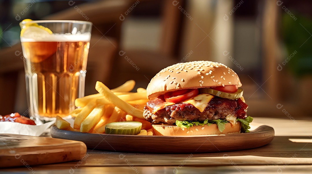 Delicioso Hambúrguer com batata ao lado de copo de cerveja