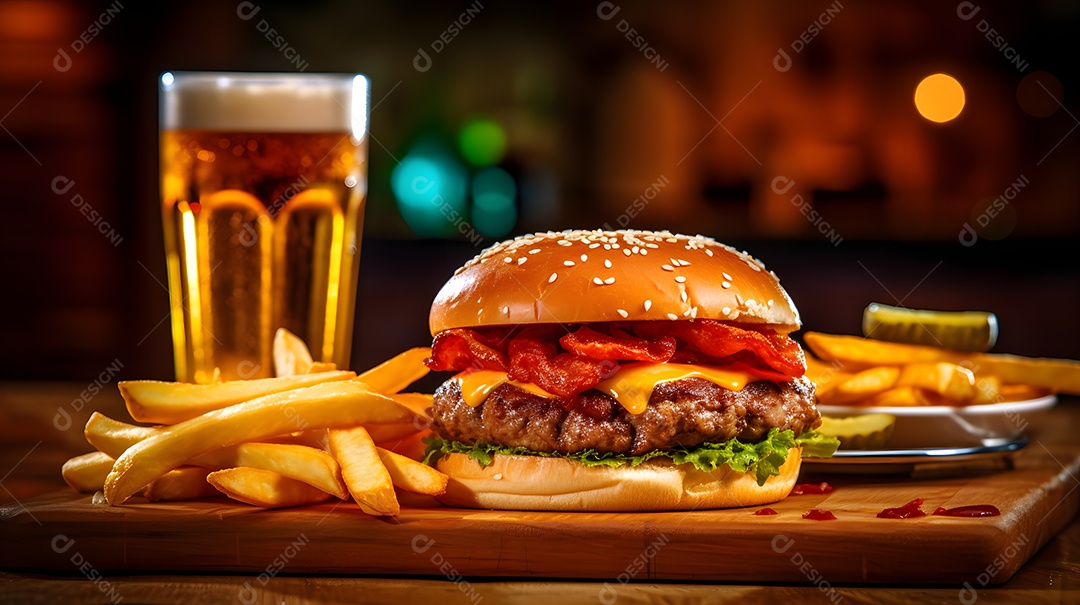 Delicioso Hambúrguer com batata ao lado de copo de cerveja