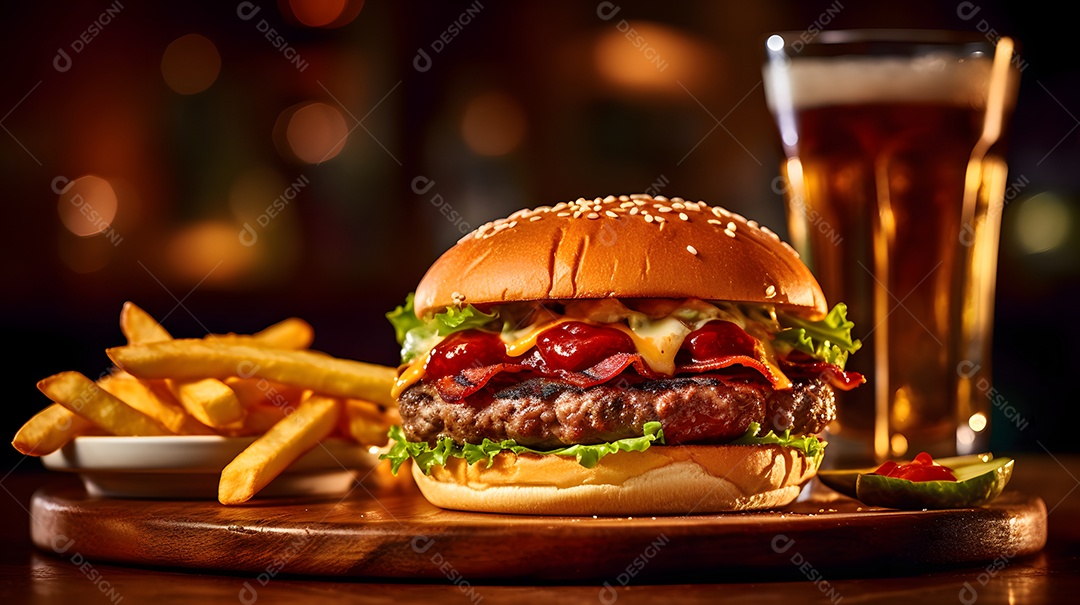 Delicioso Hambúrguer com batata ao lado de copo de cerveja