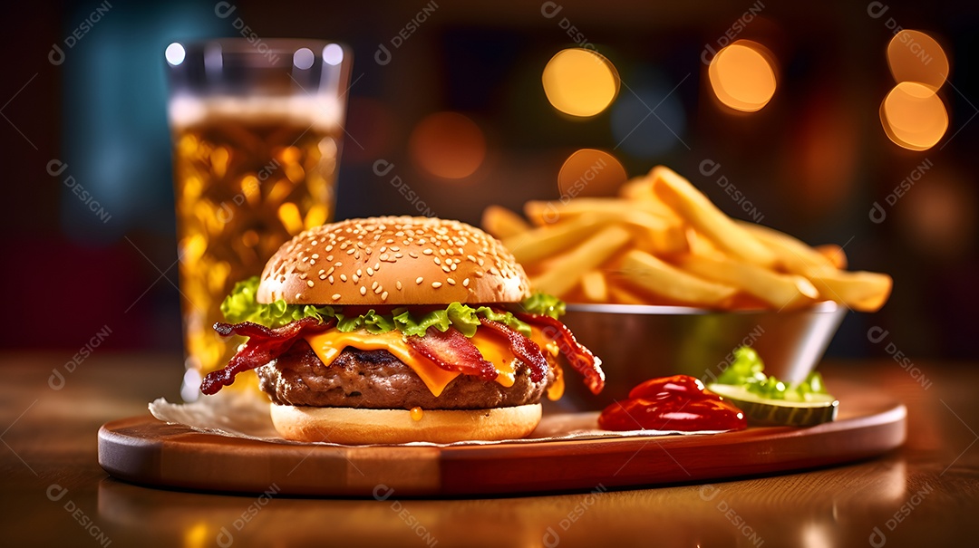 Delicioso Hambúrguer com batata ao lado de copo de cerveja