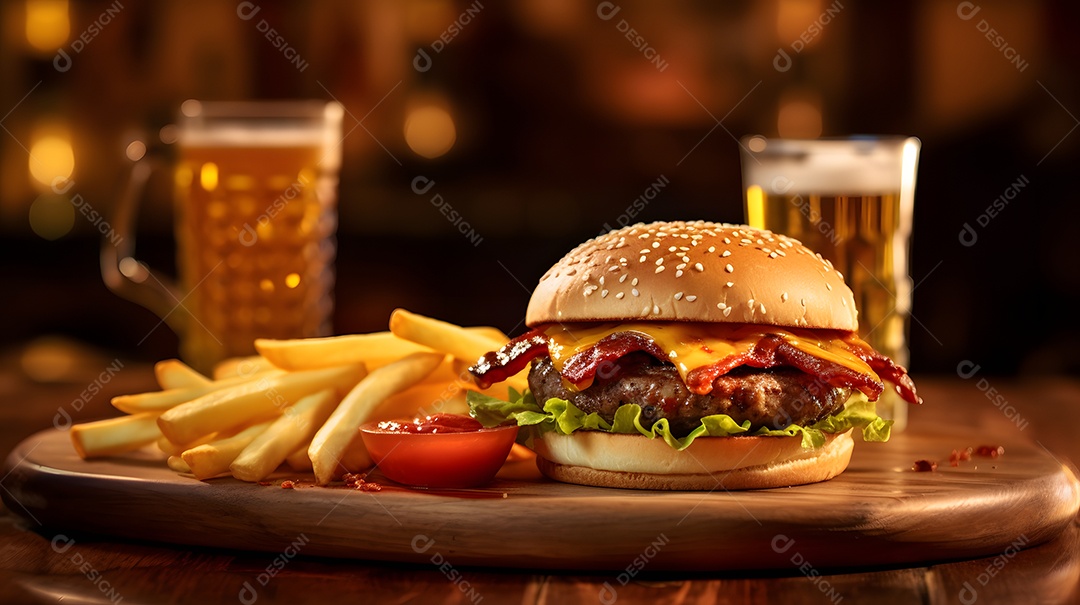 Delicioso Hambúrguer com batata ao lado de copo de cerveja