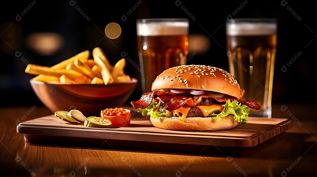 Delicioso Hambúrguer com batata ao lado de copo de cerveja