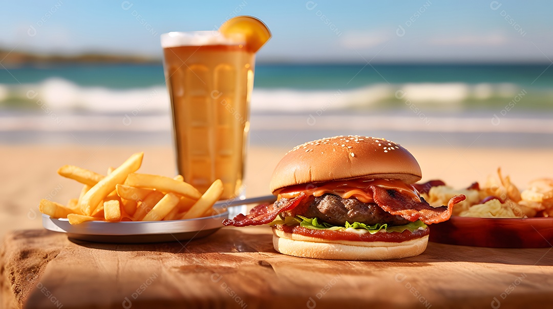 Delicioso Hambúrguer com batata ao lado de copo de cerveja sobre fundo de praia verão