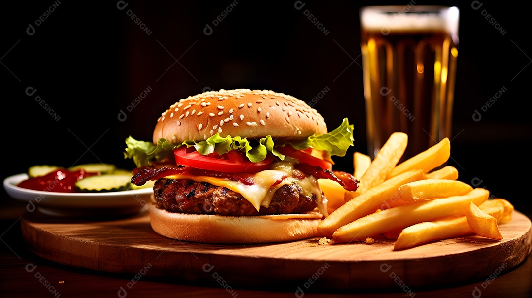 Delicioso Hambúrguer com batata ao lado de copo de cerveja