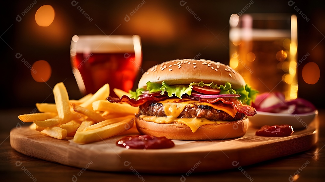Delicioso Hambúrguer com batata ao lado de copo de cerveja