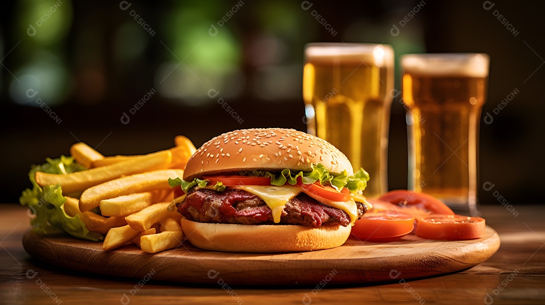 Delicioso Hambúrguer com batata frita ao lado de copo de cerveja gelada