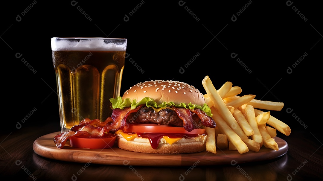 Delicioso Hambúrguer com batata ao lado de copo de cerveja