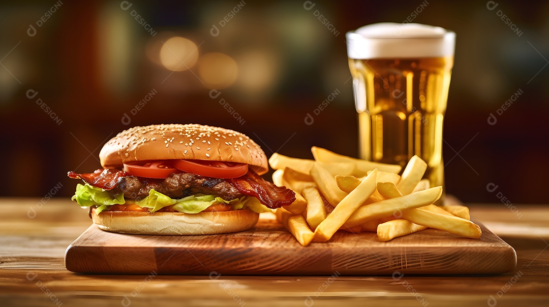 Delicioso Hambúrguer com batata ao lado de copo de cerveja