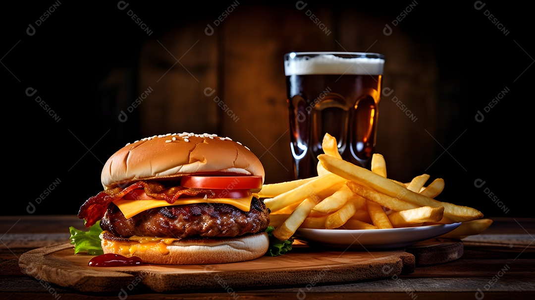 Delicioso Hambúrguer com batata ao lado de copo de cerveja