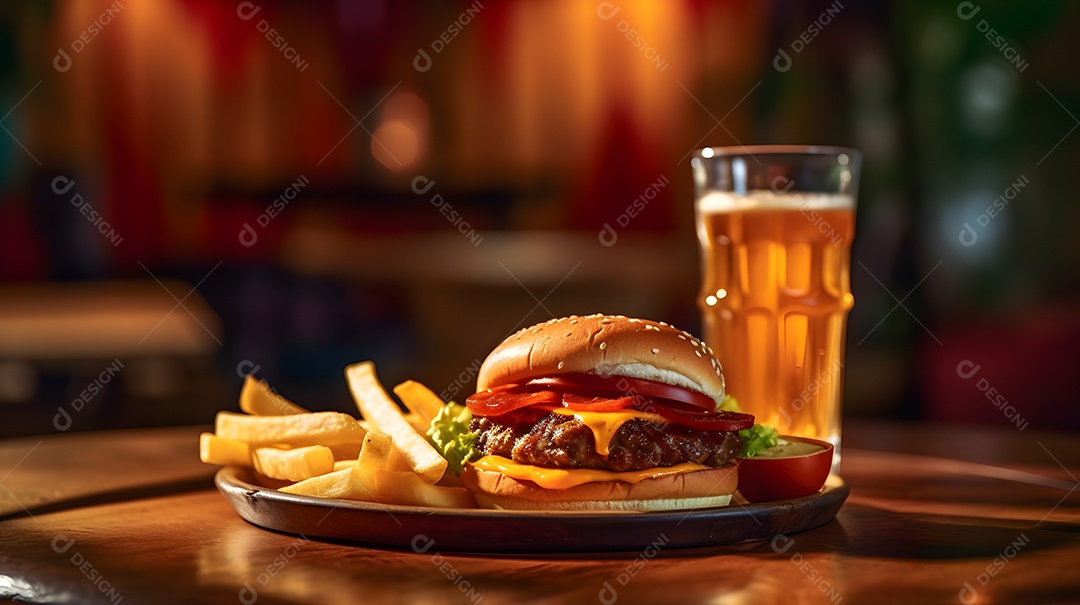 Delicioso Hambúrguer com batata ao lado de copo de cerveja
