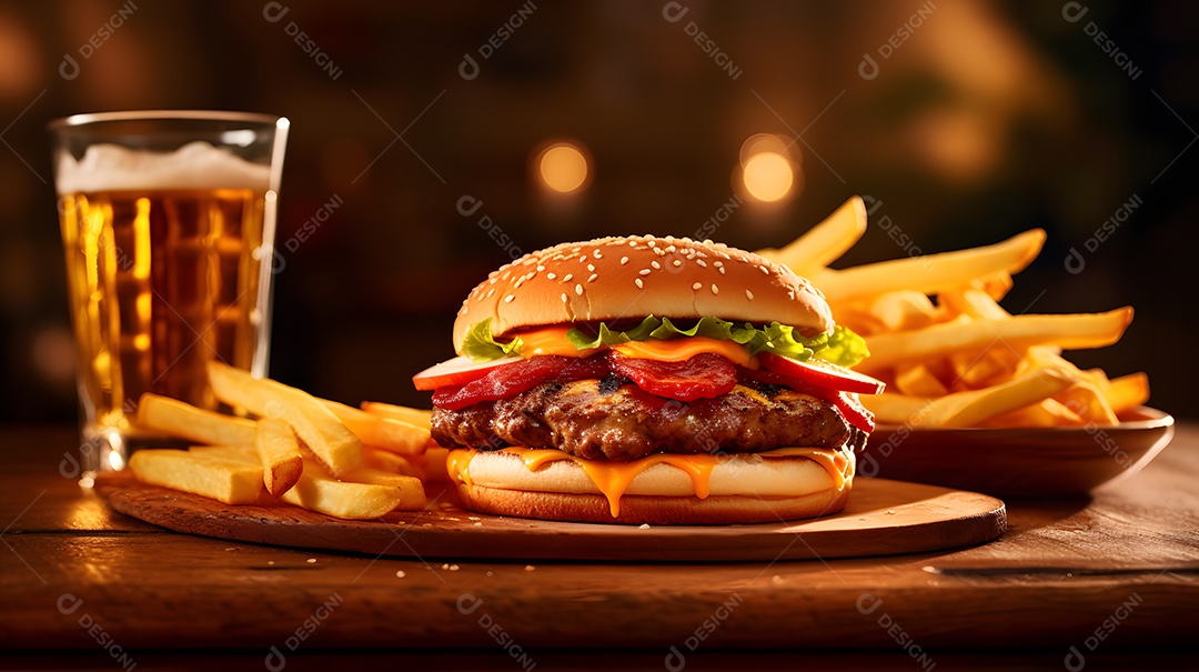 Delicioso Hambúrguer com batata frita ao lado de copo de cerveja gelada