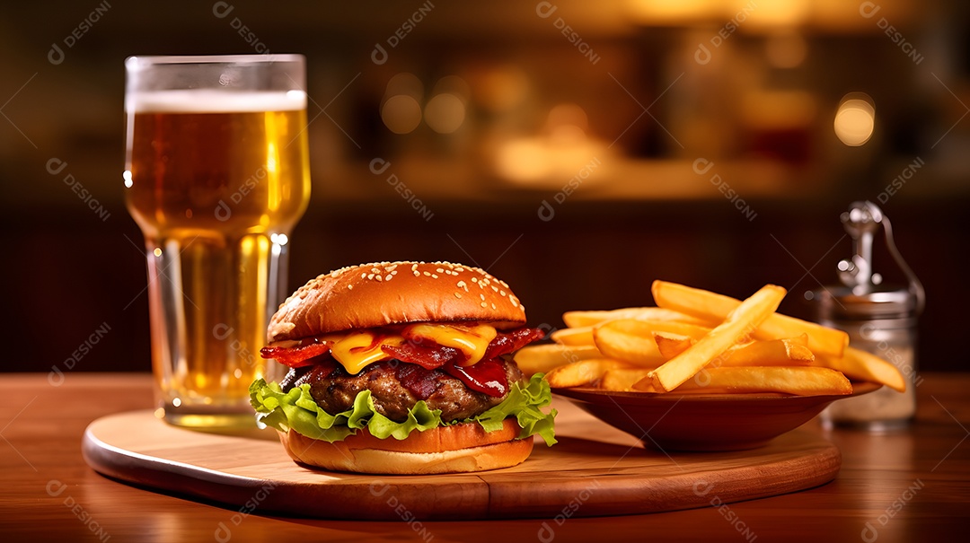 Delicioso Hambúrguer com batata frita ao lado de copo de cerveja gelada