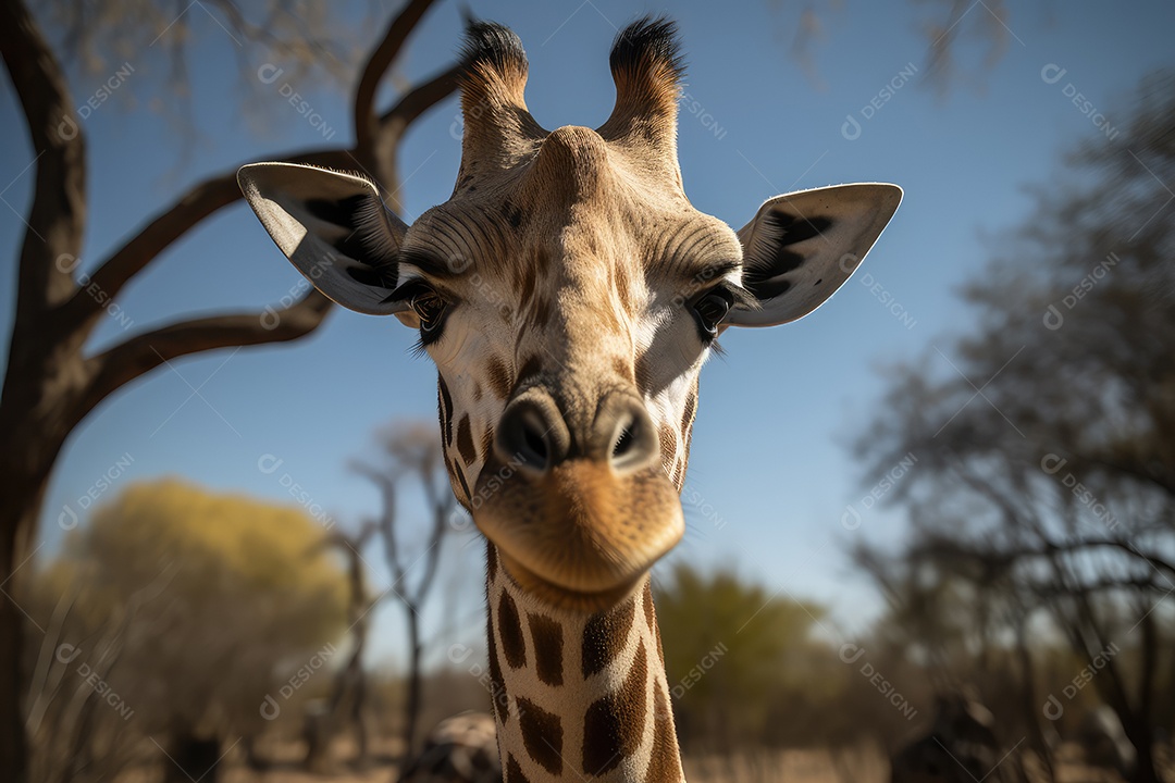 Girafa olhando para a câmera fundo bonito fundo de savana gerado por IA