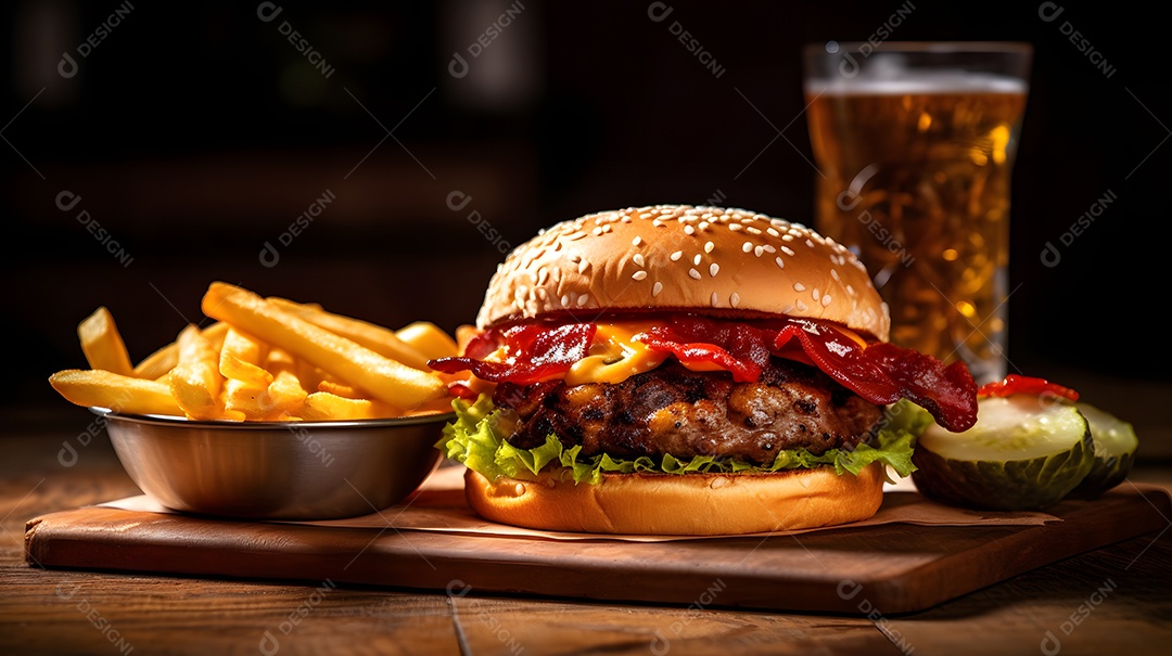 Delicioso Hambúrguer com batata frita ao lado de copo de cerveja gelada