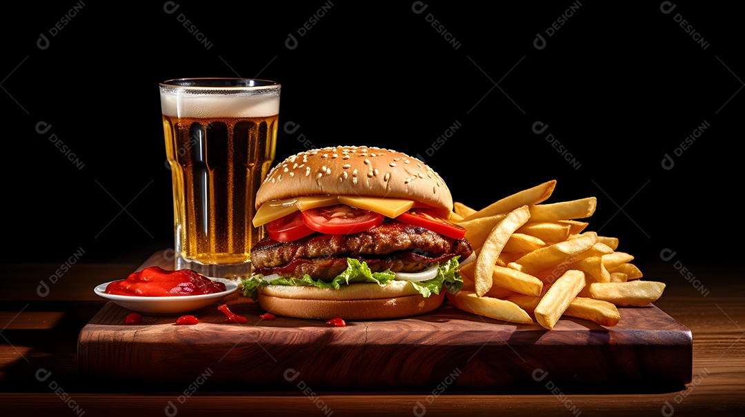 Delicioso Hambúrguer com batata frita ao lado de copo de cerveja gelada