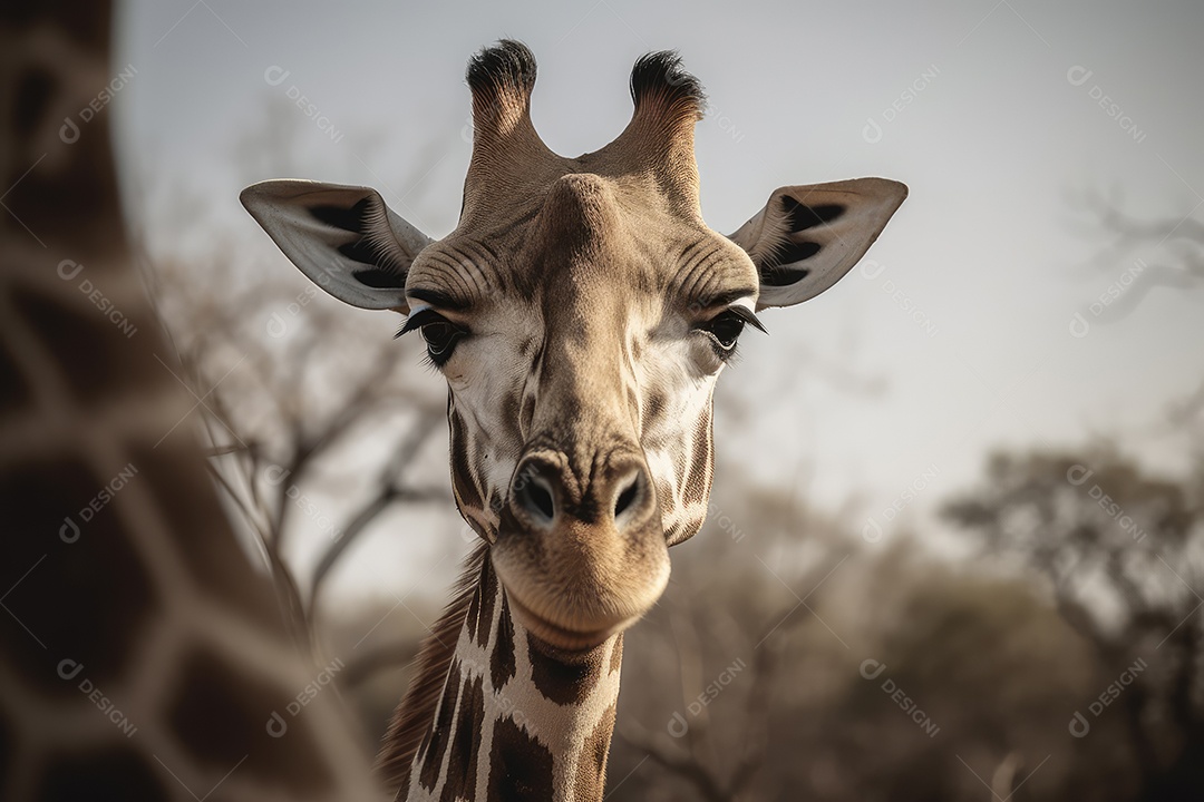 Girafa olhando para a câmera fundo bonito fundo de savana gerado por IA
