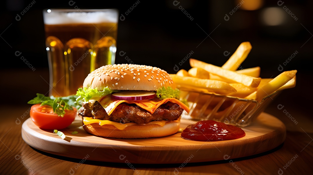 Delicioso Hambúrguer com batata frita ao lado de copo de cerveja gelada