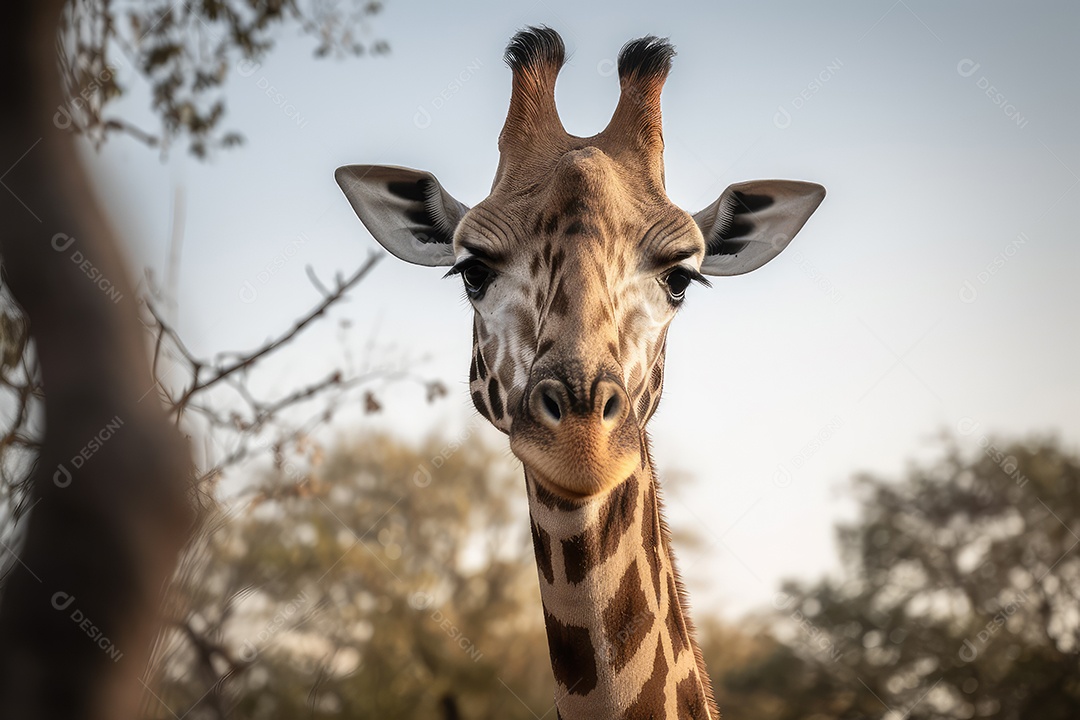 Girafa olhando para a câmera fundo bonito fundo de savana gerado por IA