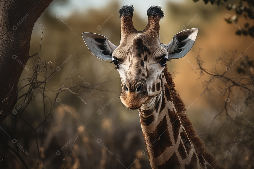 Girafa olhando para a câmera fundo bonito fundo de savana gerado por IA