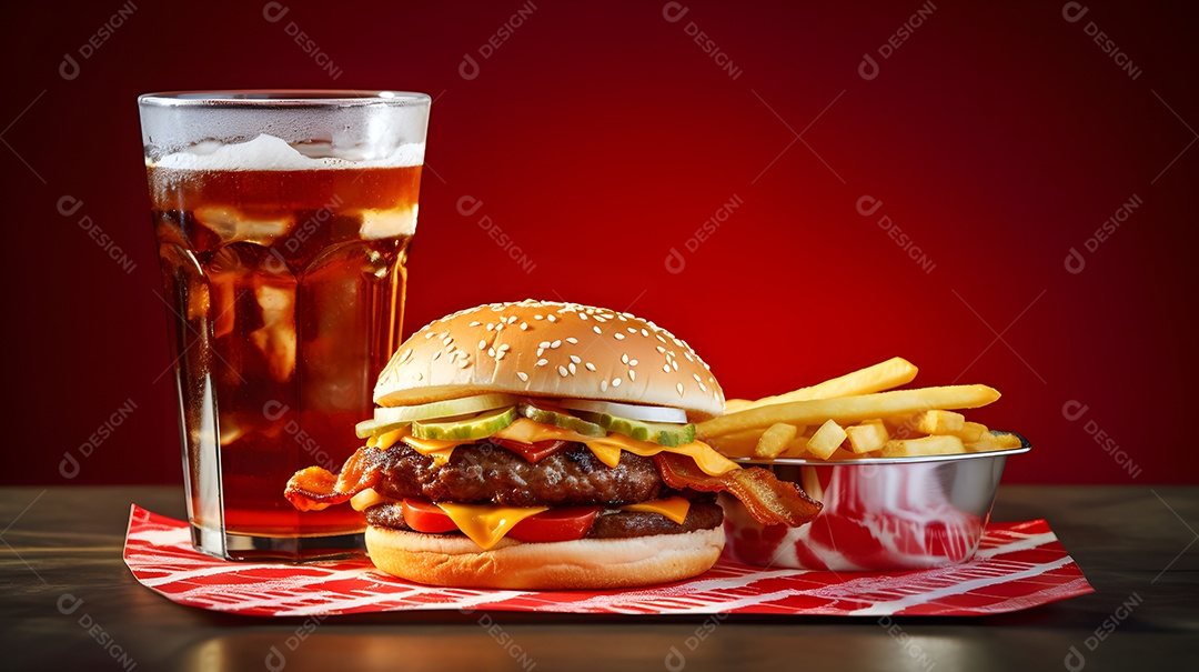 Delicioso Hambúrguer com batata frita ao lado de copo de cerveja gelada